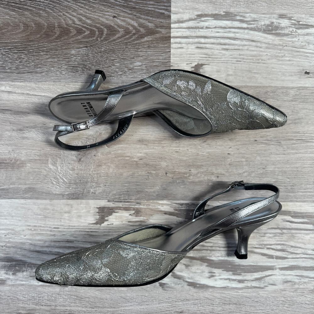 Stuart Weitzman Metallic Floral Lace Slingback Kitten Heels Silver Y2K Evening 8